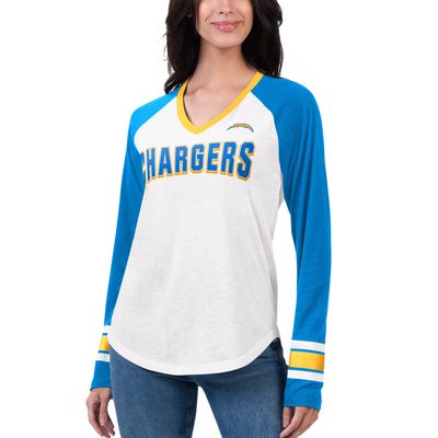 Women's G-III 4Her by Carl Banks White/Powder Blue Los Angeles Chargers Top Team Raglan V-Neck Long Sleeve T-Shirt