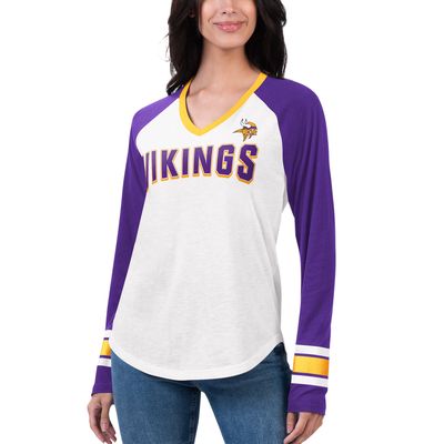 Women's G-III 4Her by Carl Banks White/Purple Minnesota Vikings Top Team Raglan V-Neck Long Sleeve T-Shirt