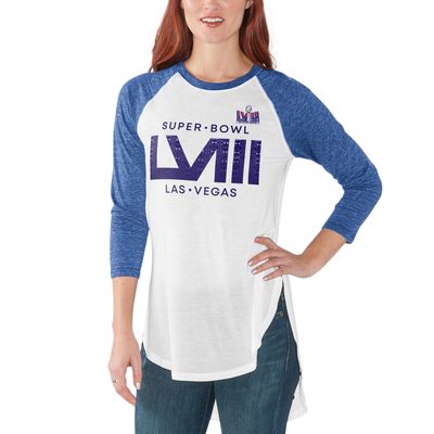 Women's G-III 4Her by Carl Banks White/Royal Super Bowl LVIII Tailgate Raglan 3/4 Sleeve T-Shirt