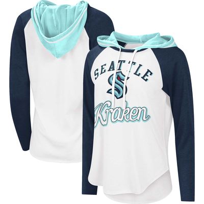 Women's G-III Sports by Carl Banks White/Deep Sea Blue Seattle Kraken MVP Raglan Lightweight Hooded T-Shirt