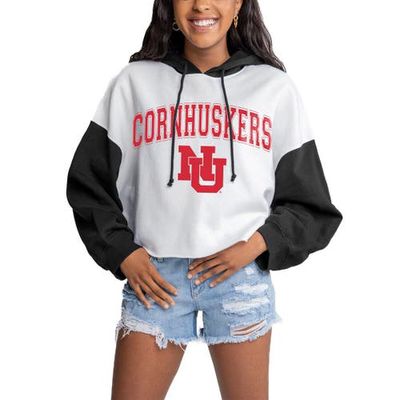 Women's Gameday Couture White/Black Nebraska Huskers Good Time Color Block Cropped Hoodie