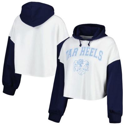 Women's Gameday Couture White/Navy North Carolina Tar Heels Good Time Color Block Cropped Hoodie