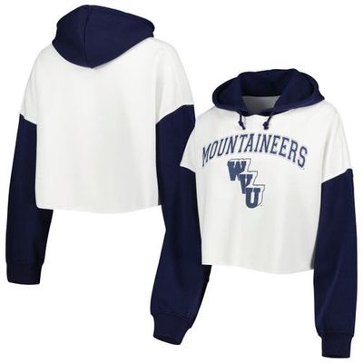 Women's Gameday Couture White/Navy West Virginia Mountaineers Good Time Color Block Cropped Hoodie