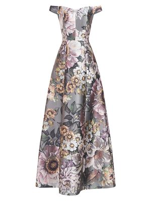 Women's Garland Floral Off-the-Shoulder Gown - Sage Gray - Size 4