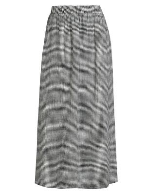 Women's Gingham Linen Gathered Midi-Skirt - Black White - Size XS