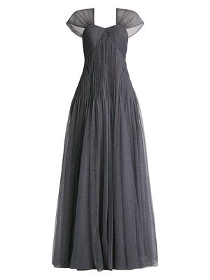 Women's Glitter Tulle Cap-Sleeve Gown - Silver - Size 0