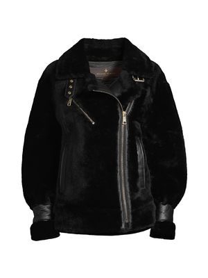 Women's Grand Dyed Shearling & Leather Coat - Black - Size Small