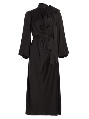 Women's High-Neck Silk Midi-Dress - Black - Size 2