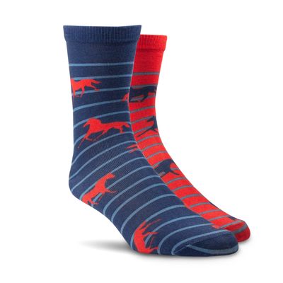 Women's Horses Over Stripes Crew Socks 2 Pair Multi Color Pack in Red/Navy Spandex/Polyester by Ariat