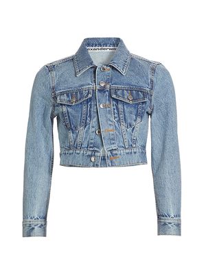 Women's Hotfix Crystal Crop Trucker Jacket - Vintage Light Indigo - Size XS