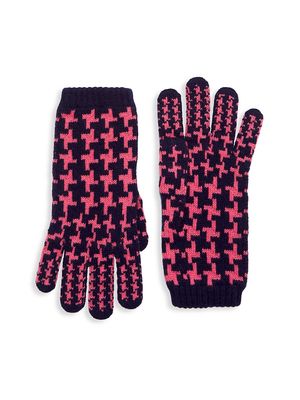 Women's Houndstooth Cashmere Gloves - Navy Bright Pink