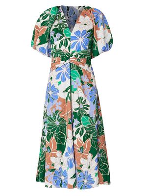 Women's Jacqueline Floral Midi-Dress - Ivory Green Tan - Size 4