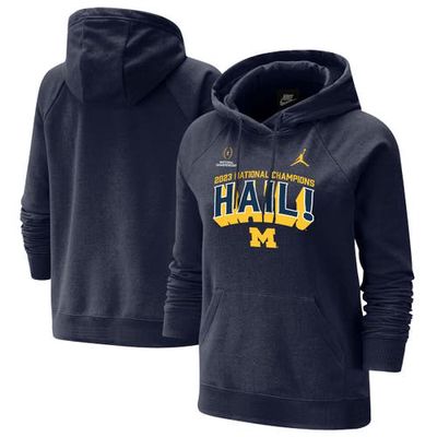 Women's Jordan Brand Navy Michigan Wolverines College Football Playoff 2023 National Champions Hail! Pullover Hoodie