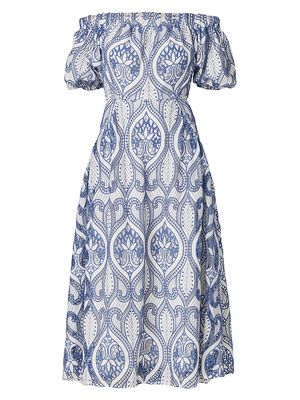 Women's Jude Off-The-Shoulder Midi-Dress - Ivory Sea Blue - Size 0