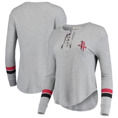 Women's Junk Food Heathered Gray Houston Rockets Thermal Lace-Up Long Sleeve T-Shirt in Heather Gray