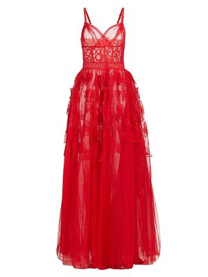 Women's Lace Hearts Corset A-Line Gown - Chinese Red - Size 4