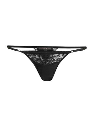 Women's Lace-Trim Charmeuse Thong - Black - Size Medium