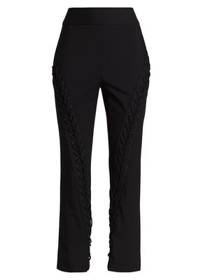 Women's Lace-Up Stretch Wool Gabardine Straight Trousers - Black - Size 6