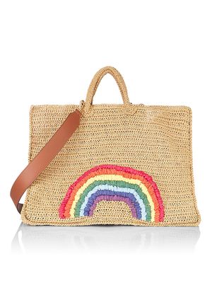Women's Large Raffia Embroidered Rainbow Tote - Natural - Natural - Size Large