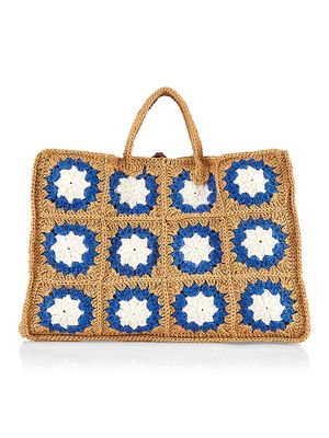 Women's Large Terra Granny Knit Raffia Tote Bag - Natural Blue White - Natural Blue White - Size Large