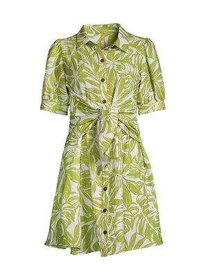 Women's Leafy-Printed Tie-Waist Mini Shirtdress - Green Multi - Size XS