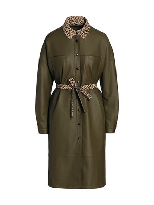 Women's Leather Belted Trench Coat - Olive - Size Small - Olive - Size Small