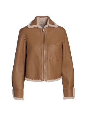 Women's Leather Shearling-Trimmed Zip Jacket - Clay White - Size Small - Clay White - Size Small