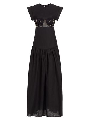 Women's Linen Paneled Maxi Dress - Black - Size XS