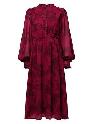 Women's Long-Sleeve Floral Midi-Dress - Red Floral - Size Small