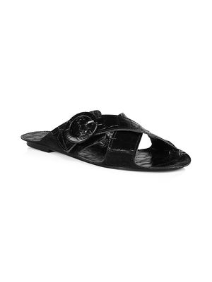 Women's Loop Cross Croc-Embossed Leather Flat Sandals - Black - Size 6 - Black - Size 6