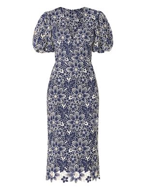 Women's Louisa Embroidered Floral Midi-Dress - Navy Ivory - Size 8