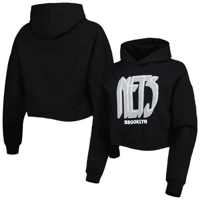Women's Lusso Black Brooklyn Nets Layla World Tour Cropped Pullover Hoodie