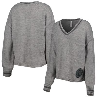 Women's Lusso Gray Brooklyn Nets Scarletts Lantern Sleeve Tri-Blend V-Neck Pullover Sweater
