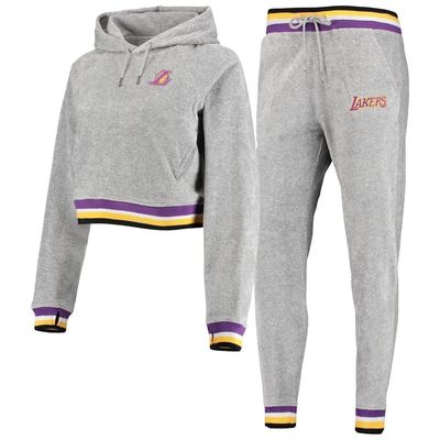 Women's Lusso Gray Los Angeles Lakers Maisie-Maggie Velour Pullover Hoodie & Jogger Pants Set