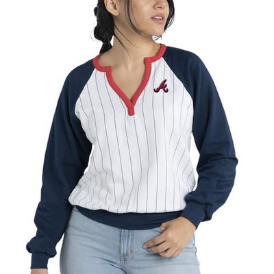 Women's Lusso White/Navy Atlanta Braves Mack Fleece V-Neck Pullover Top