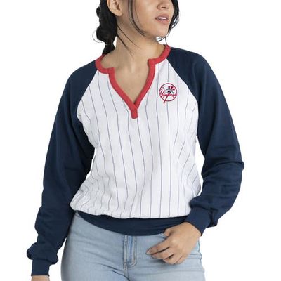 Women's Lusso White/Navy New York Yankees Mack Fleece V-Neck Pullover Top