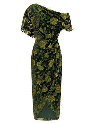 Women's Maia Floral Velvet One-Shoulder Cocktail Dress - Olivine - Size 14