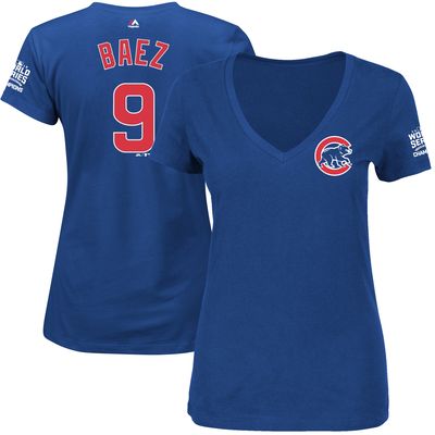 Women's Majestic Javier Baez Royal Chicago Cubs 2016 World Series Champions Name & Number T-Shirt