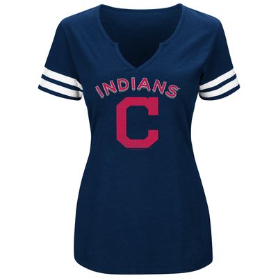 Women's Majestic Navy/White Cleveland Indians Decisive Moment V-Notch T-Shirt