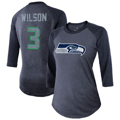 Women's Majestic Russell Wilson College Navy Seattle Seahawks Player Name & Number Tri-Blend Three-Quarter Sleeve T-Shirt