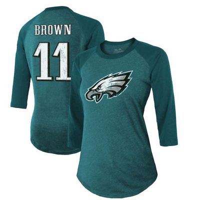 Women's Majestic Threads A.J. Brown Midnight Green Philadelphia Eagles Name & Number Raglan 3/4 Sleeve T-Shirt