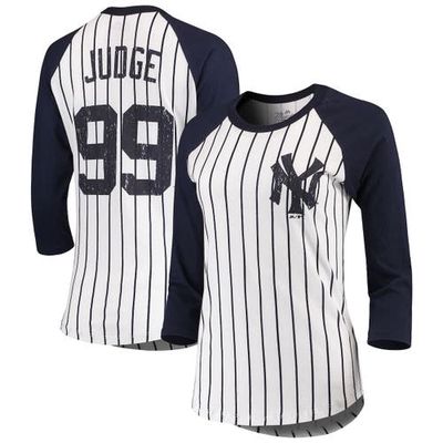 Women's Majestic Threads Aaron Judge White New York Yankees Pinstripe 3/4-Sleeve Raglan Player Name & Number T-Shirt