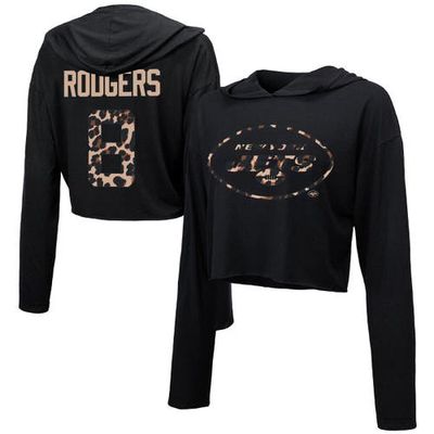 Women's Majestic Threads Aaron Rodgers Black New York Jets Leopard Player Name & Number Long Sleeve Cropped Hoodie