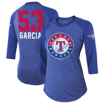 Women's Majestic Threads Adolis García Royal Texas Rangers 2023 World Series Champions 3/4-Sleeve Name & Number Raglan Tri-Blend T-Shirt at