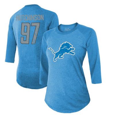Women's Majestic Threads Aidan Hutchinson Blue Detroit Lions Player Name & Number Tri-Blend 3/4-Sleeve Fitted T-Shirt