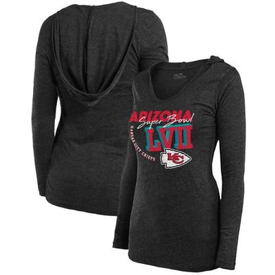 Women's Majestic Threads Black Kansas City Chiefs Super Bowl LVII High Tide Tri-Blend V-Neck Long Sleeve Hoodie T-Shirt