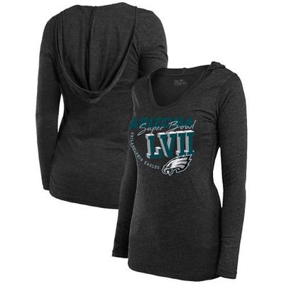 Women's Majestic Threads Black Philadelphia Eagles Super Bowl LVII High Tide Tri-Blend V-Neck Long Sleeve Hoodie T-Shirt