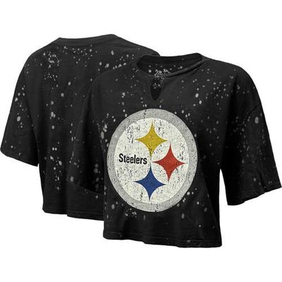 Women's Majestic Threads Black Pittsburgh Steelers Bleach Splatter Notch Neck Crop T-Shirt