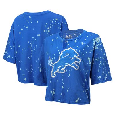 Women's Majestic Threads Blue Detroit Lions Bleach Splatter Notch Neck Crop T-Shirt