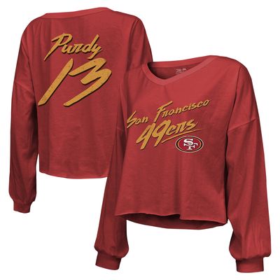 Women's Majestic Threads Brock Purdy Scarlet San Francisco 49ers Name & Number Script Off-Shoulder Cropped Long Sleeve T-Shirt